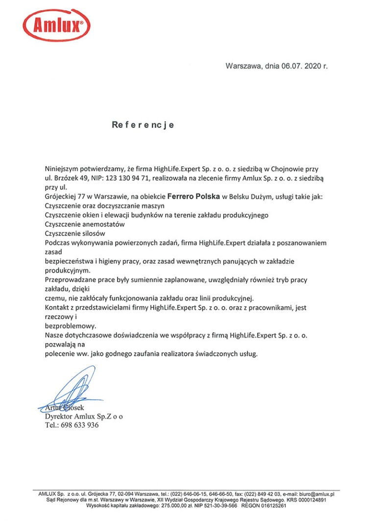 List referencyjny dla HIGHLIFE.EXPERT od Amlux